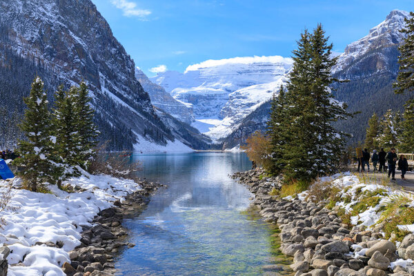 Alberta, Canada - October 7, 2018 : Lake Louise with rocky mountain in Banff national park