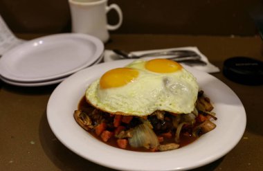 Loco Moco, geleneksel Hawaii yemekleri, pilav kızarmış yumurta ile burger patty ve et suyu sosu - görüntü kahverengi