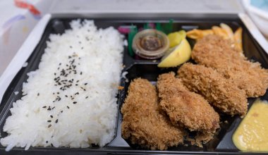 Tonkatsu Bento hizmet Japon pirinç dedim, kesme Tonkatsu (derin kızarmış domuz pirzola) - ile görüntü