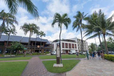 Honolulu, Hawaii - 25 Aralık 2018: Kalakaua Avenue Honolulu palmiye Hindistan cevizi ağaçları ile kaplı