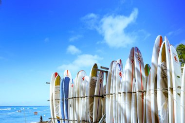Honolulu, Hawaii - 23 Aralık 2018: Sörf tahtaları yığın Simgesel Yapı Waikiki Beach üzerinde