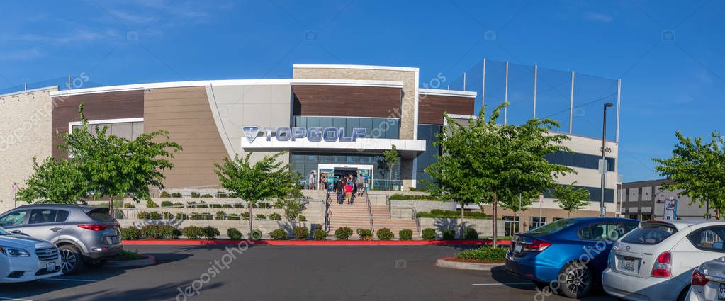 Hillsboro, Oregon - May 11, 2019 : TopGolf, Entertainment venue with swanky lounge with drinks & games