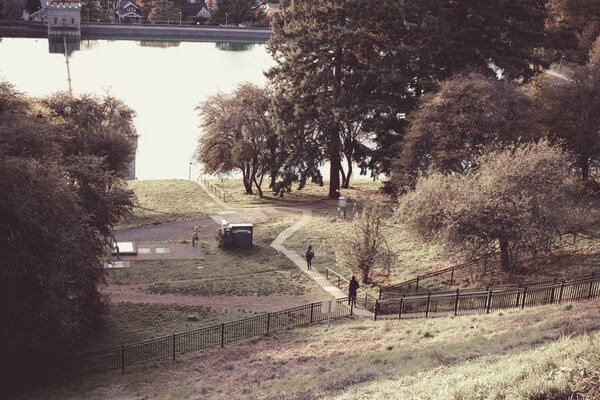 Scene of Mt. Tabor's water reservoirs park in Oregon state