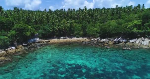 Aérea: Laguna azul con una playa y palmeras en la orilla . — Vídeos de Stock