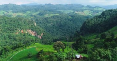 Anteni: Küçük ahşap kulübe dağlarda yeşil bir tepede.