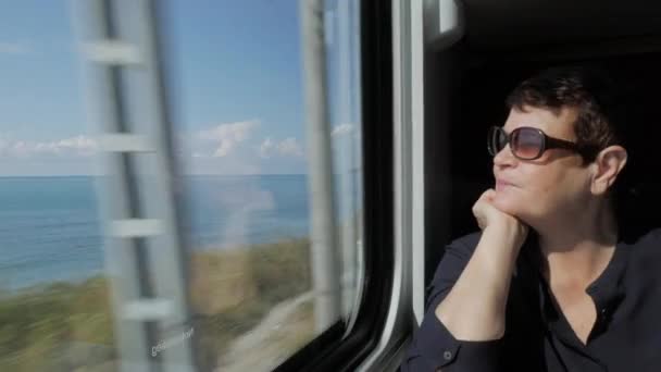 有魅力的微笑着老太太坐在窗边的火车车厢里 欣赏明亮的阳光海景 — 图库视频影像