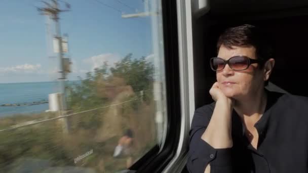 Elderly woman in sunglasses near window in train — Stock Video