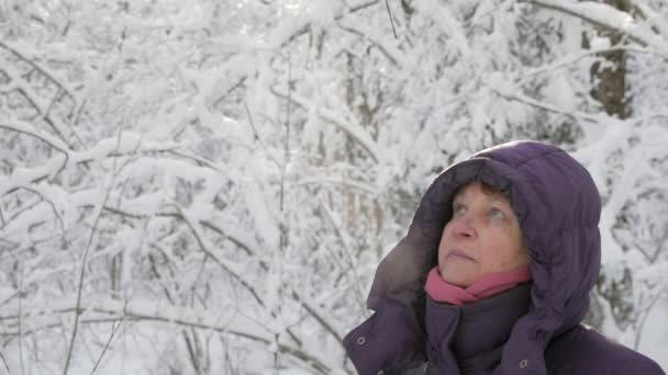 Primo Piano Donna Anziana Giacca Invernale Con Cappuccio Guardando Alto — Video Stock