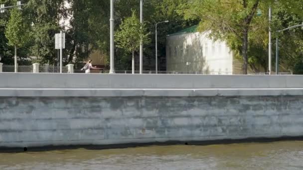 Girl Roller Skating River Embankment Sunny Summer Day — Stock Video