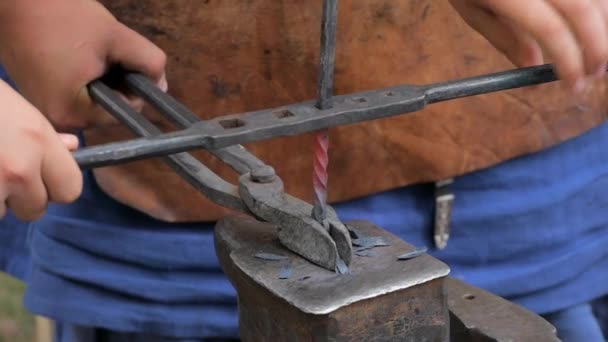 Schmied Dreht Heißes Metall Schraubstock Mit Hilfe Von Drehschlüssel Mittelalterlicher — Stockvideo