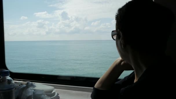 Silhouette Woman Wearing Sunglasses Looking Window Train Cabin Admiring Bright — Stock Video