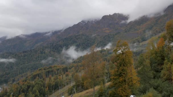 山のてっぺんが雲で覆われている山の範囲の斜面に黄色と緑の木 — ストック動画