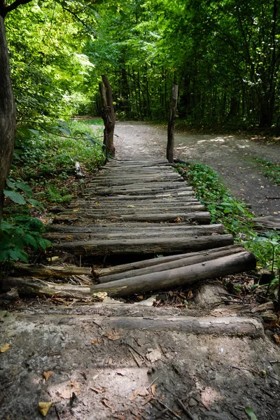 Wooden rotten footbridge in summer forest — Stock Photo, Image