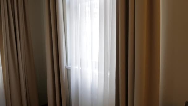 Interior Room Showing Windows Light Brown Blackout Curtains White See — Stock Video