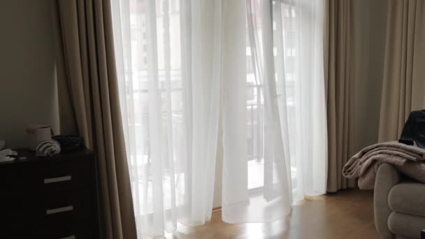 Interior Room Showing Half Open Big Balcony Windows Light Brown — Stock Video