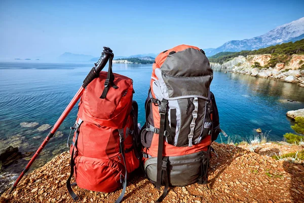 Deux Sacs Dos Dans Camp Lors Une Randonnée Long Côte — Photo