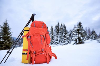 Kırmızı bir sırt çantası içinde bir kış yürüyüş dağlar ve ormanlar fonunda.