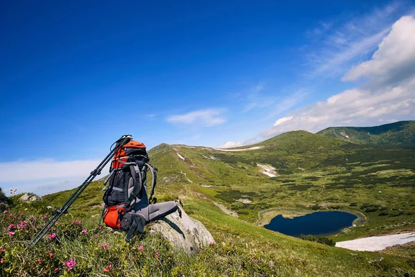 Sommerwanderung Den Bergen Mit Rucksack Und Zelt Auf Dem Weg — Stockfoto