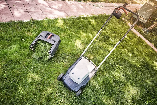 A mowing grass lawn of an electric mower on a sunny summer day.