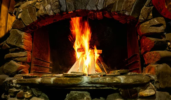 Burning Tree Brick Fireplace Fireplace Flaming Fire — Stock Photo, Image