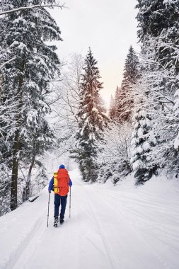 Kış trek yüksek bir sırt çantası ile dağlarda.