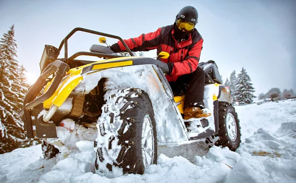 Gara invernale su un ATV sulla neve nel bosco . — Foto Stock