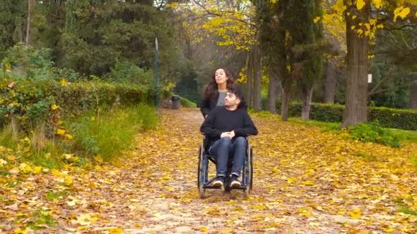 Homme Fauteuil Roulant Parc Avec Petite Amie Promenade Romantique — Video