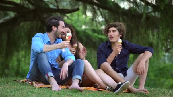 Sommerzeit Drei Glückliche Freunde Sitzen Auf Dem Gras Und Essen — Stockvideo