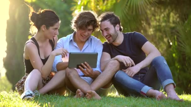 Sonrientes Amigos Felices Usando Tableta Sentada Prado — Vídeos de Stock