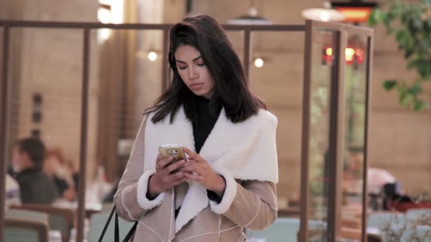 Retrato Bela Mulher Asiática Texting Smartphone Livre — Vídeo de Stock