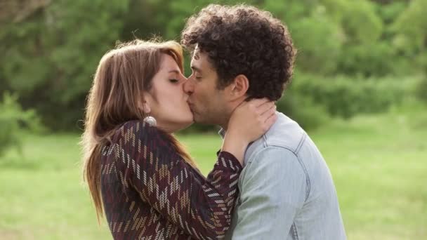 Jovem Lindo Casal Beijando Docemente Parque Retrato — Vídeo de Stock