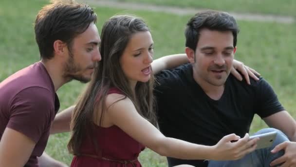 Retrato Amigos Unny Sonrientes Césped Tomando Selfie — Vídeos de Stock