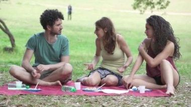 mutlu gülümseyen arkadaşlar Having A pikniğe çayır Talking Together