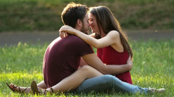 年轻幸福情侣在爱的吻在草地上 — 图库视频影像