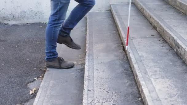 Blinder Mann Steigt Treppe Hinauf Und Hilft Mit Seinem Stock — Stockvideo
