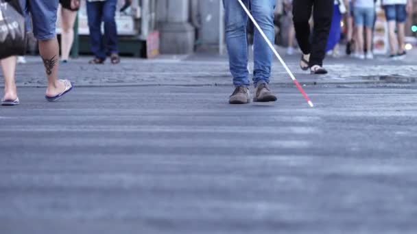 Ritratto Blind Man Crossing Crowded Street Indipendenza Disabilità — Video Stock