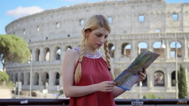 Portrait Happy Woman Smile Tourist Looking Map Rome — Stock Video