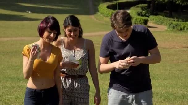 Retrato Los Estudiantes Caminando Parque Disfrutar Comer Sándwiches — Vídeos de Stock