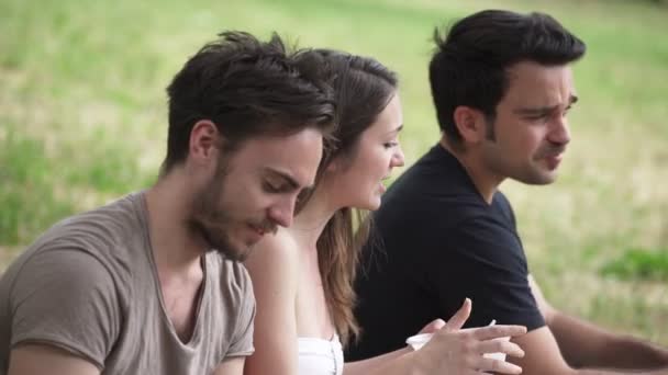 Trois Jeunes Amis Heureux Mangeant Sur Pique Nique — Video
