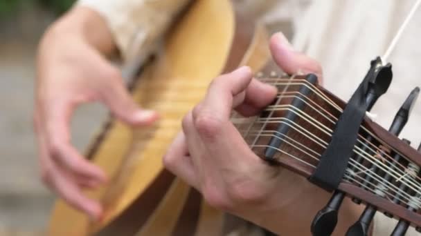 Close Portrait Musician Playing Mandolin — Stok Video