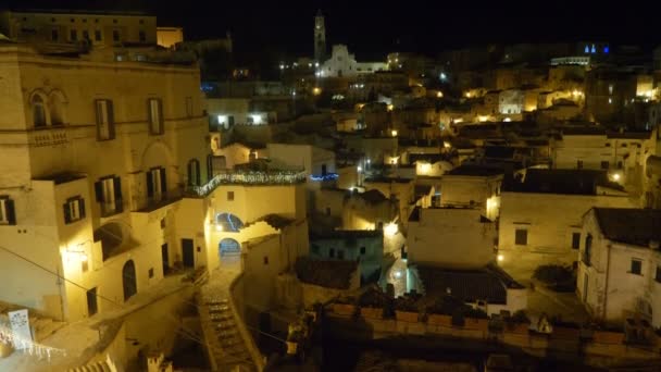 Захоплюючий Вид Матера Вночі Італія Столиця Культури 2019 — стокове відео