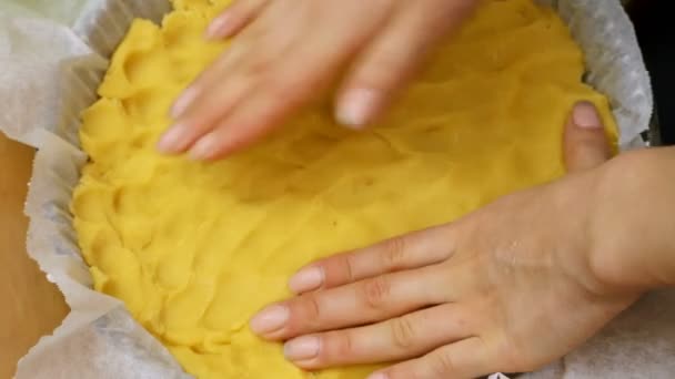 Mujer Haciendo Delicioso Pastel Fresco Cocina — Vídeo de stock