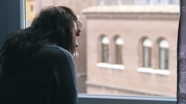 Depressed Upset Woman Leaning Window Desperation Anguish — Stock Video