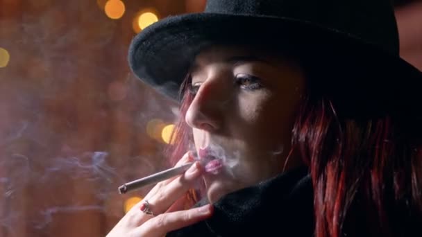 Pensive Mysterious Woman Smokes Cigarette Outdoor — Stock Video