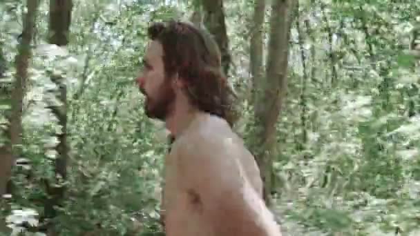 Uomo Attraente Corre Attraverso Foresta Natura — Video Stock