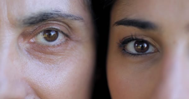 Närbild Ögonen Kaukasiska Mor Och Dotter Jämförelse Mellan Generation — Stockvideo