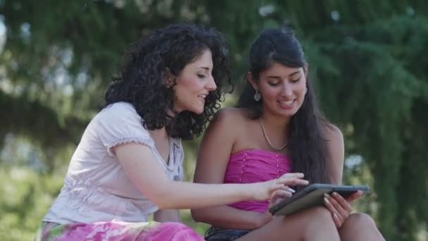 年轻的朋友在公园使用数字式平板电脑 — 图库视频影像