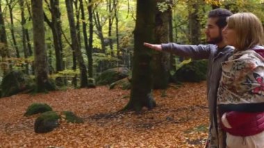 Ormanın içinde romantik bir yürüyüş. Ormanda yürüyüş severler
