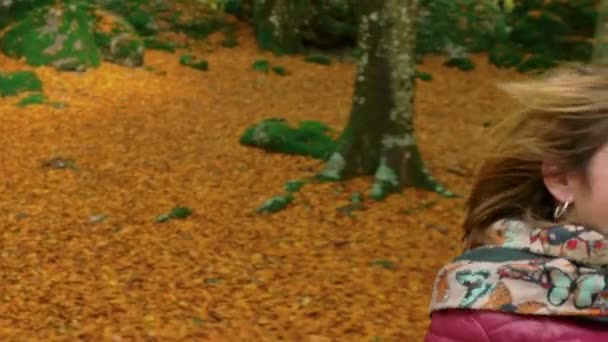 Νεαρή Γυναίκα Τρέχει Και Αγκαλιάζει Φίλο Του Πτώση Πάρκο — Αρχείο Βίντεο