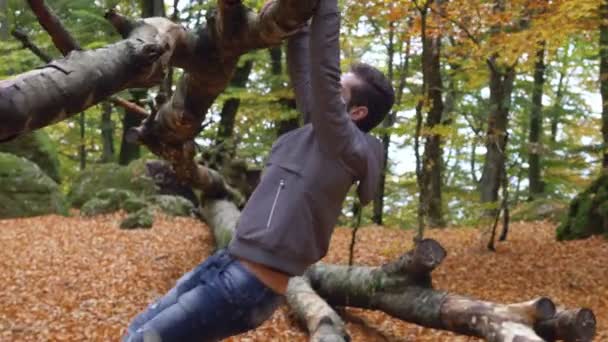 Homme Athlétique Saute Pend Sur Une Branche Arbre — Video